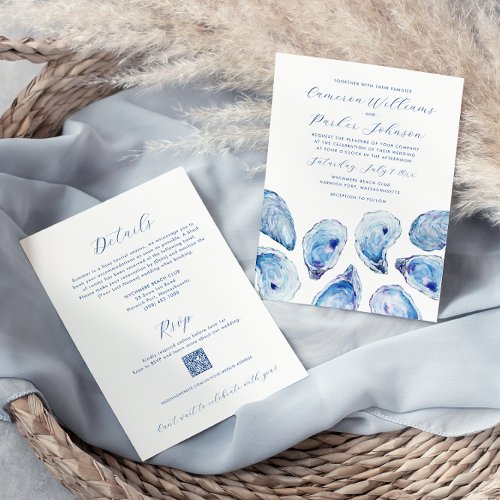Blue Oyster Shell All_in_One QR code RSVP Wedding Invitation
