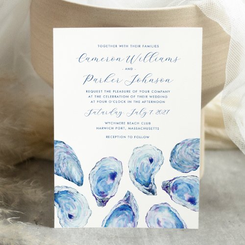 Blue Oyster Watercolor Coastal Wedding Invitation