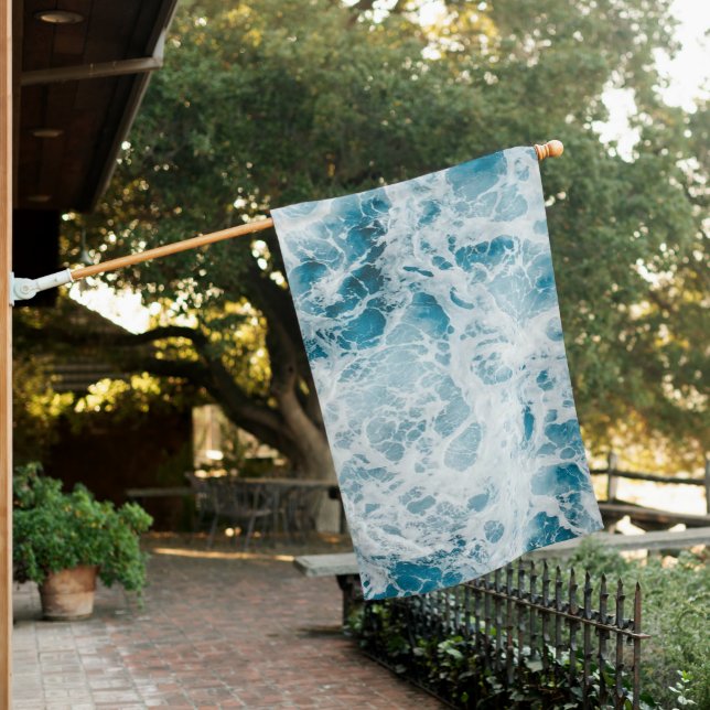 Blue Pacific Ocean Wave House Flag (In SItu)