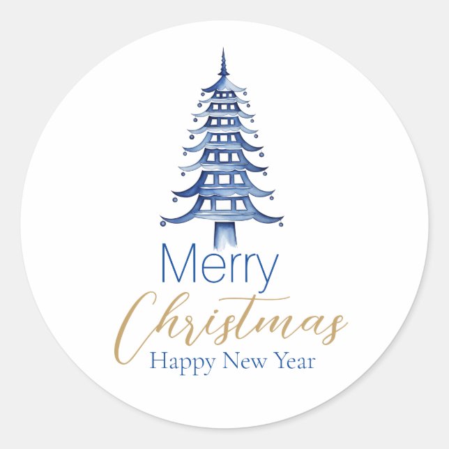 Blue Pagoda Christmas Tree  Classic Round Sticker (Front)