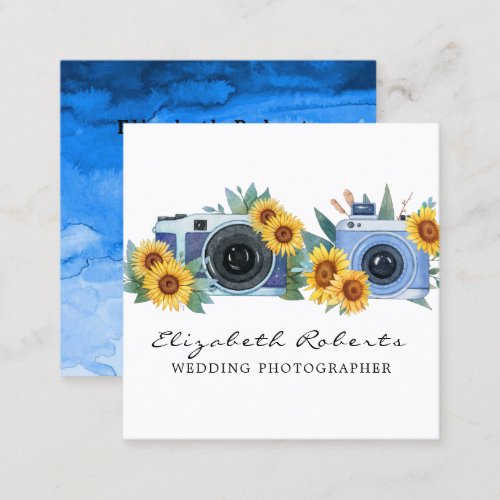 Blue Paint Camera Sunflower Wedding Photographer  Square Business Card