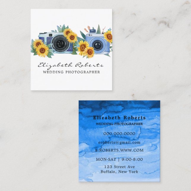 Blue Paint Camera Sunflower Wedding Photographer  Square Business Card (Front/Back)