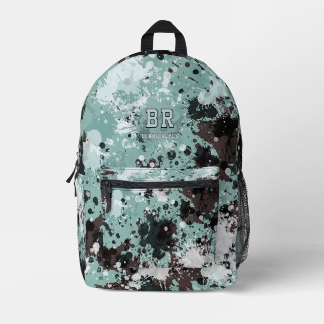 Blue Paint Splatter Monogram Printed Backpack (Front)