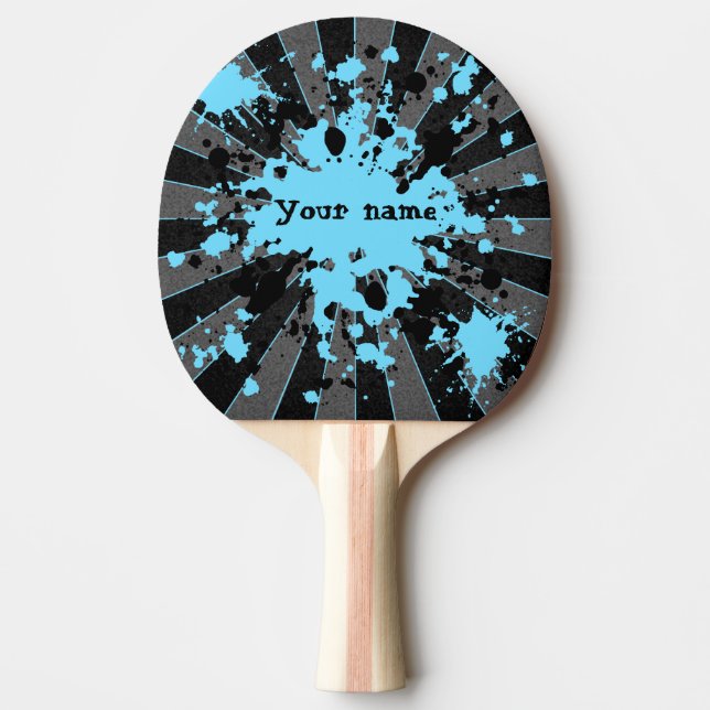 Blue paint splatters black and gray Ping-Pong paddle (Front)