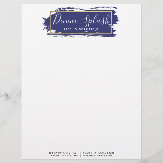 Blue Paint Stroke & Modern Gold Geometric Chic Letterhead (Front)