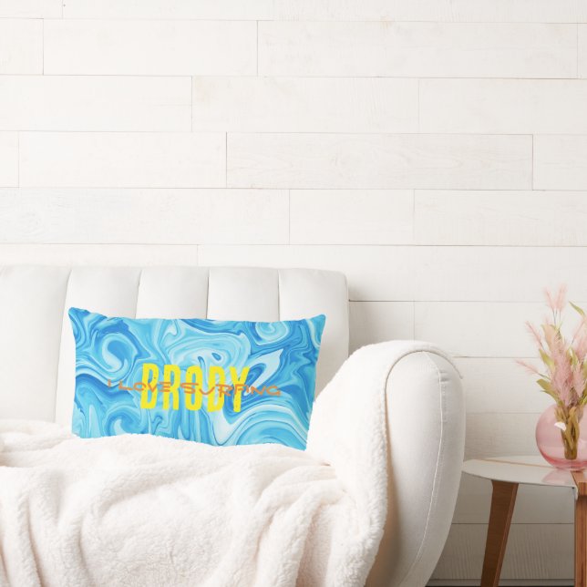 Blue Paint Swirl I LOVE SURFING NAME Ocean Water Lumbar Pillow (Couch)