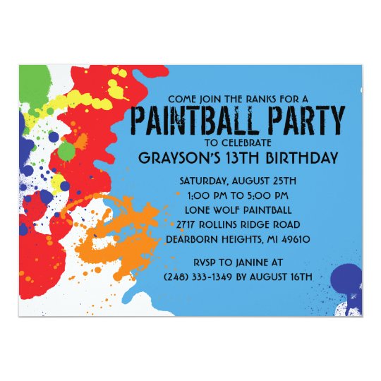 Blue Paintball Splatter Paintball Birthday Party Card