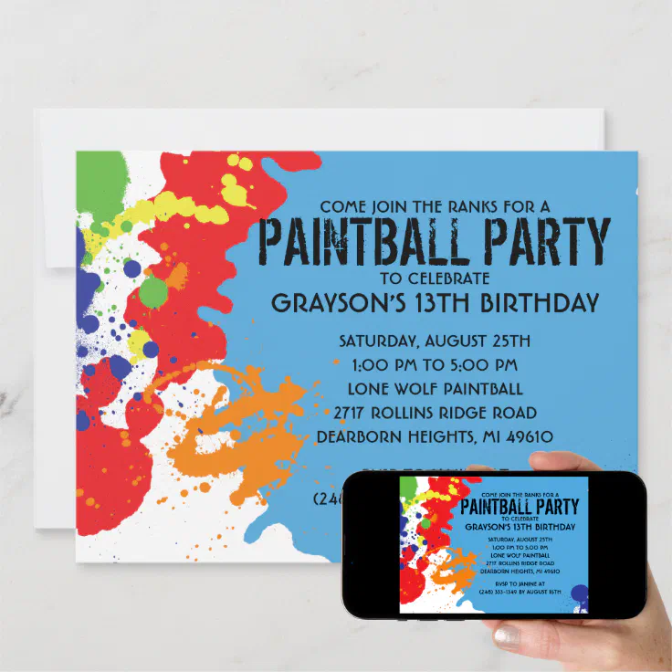 Blue Paintball Splatter Paintball Birthday Party Invitation Zazzle