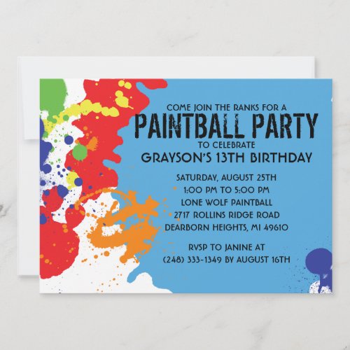 Blue Paintball Splatter Paintball Birthday Party Personalized Invites
