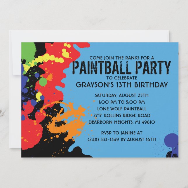 Blue Paintball Splatter Paintball Birthday Party Invitation (Front)