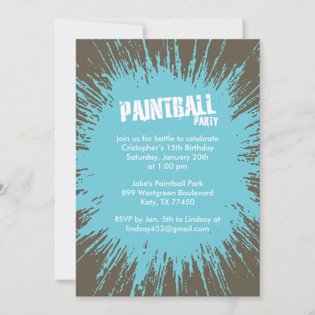 Blue Paintball Splatter Party Invitations (Front)