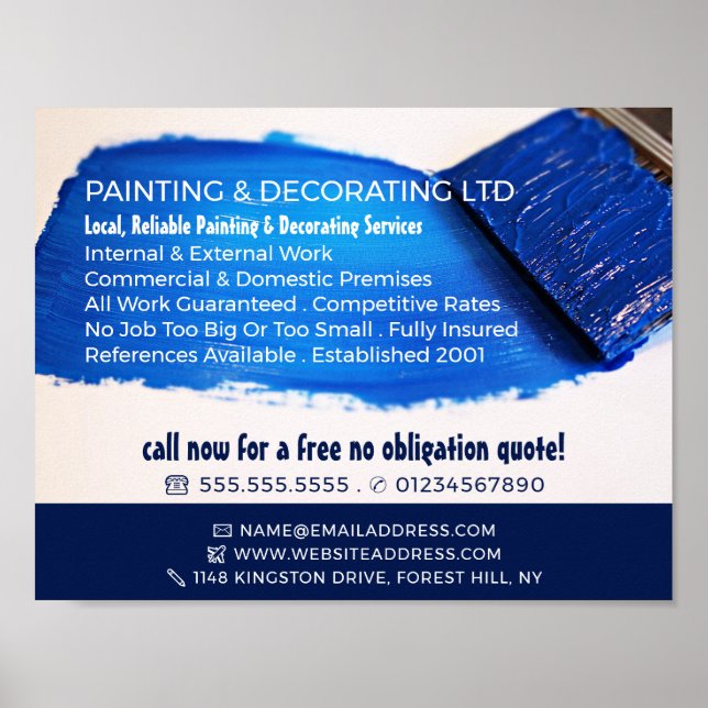 Blue Paintbrush, Painter & Decorator Advertising Poster (Front)
