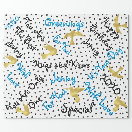 Blue Painted Black Dots Golden Birds Wrapping Paper