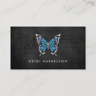 Blue Painted Butterfly Logo on Black Wood Business Card
