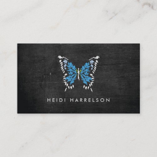 Blue Painted Butterfly Logo on Black Wood Business Card