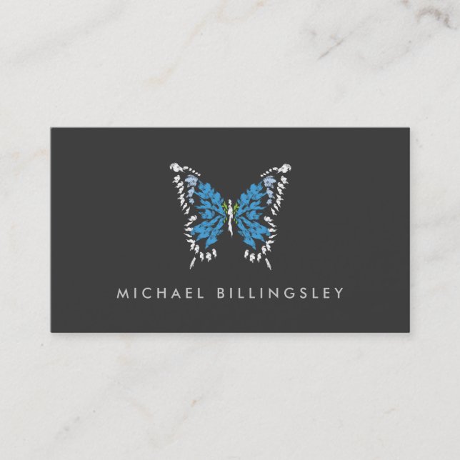 Blue Painted Butterfly Logo on Dark Gray Business Card (Front)