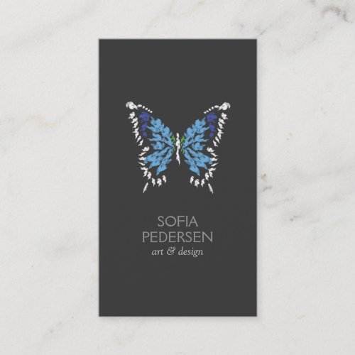 Blue Painted Butterfly Logo on Dark Gray Vertical Business Card