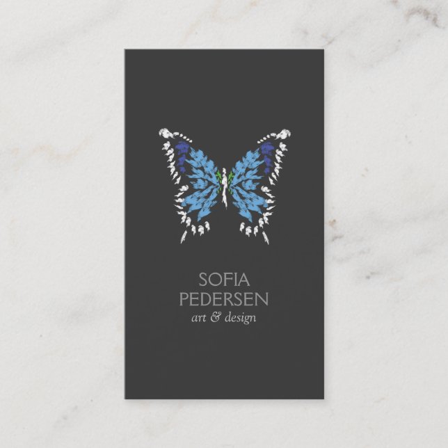 Blue Painted Butterfly Logo on Dark Gray Vertical Business Card (Front)