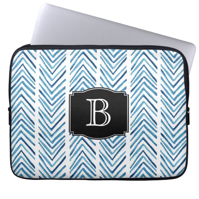 Blue Painted Chevrons Pattern with Monogram Laptop Sleeve (Front)