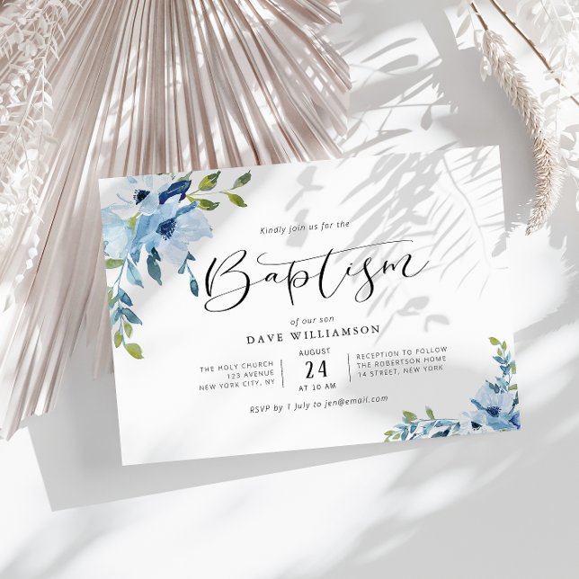 Blue painted flowers baptism invitation (Creator Uploaded)
