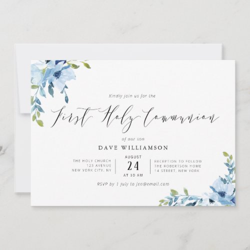 Blue painted flowers first communion invitation