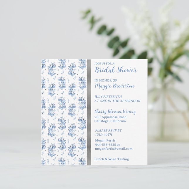 Blue Painted Foliage Bridal Shower Invitation (Standing Front)