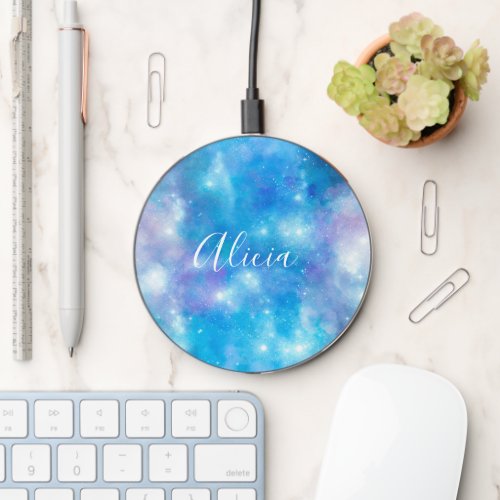 Blue Painted Galaxy Monogrammed  Wireless Charger