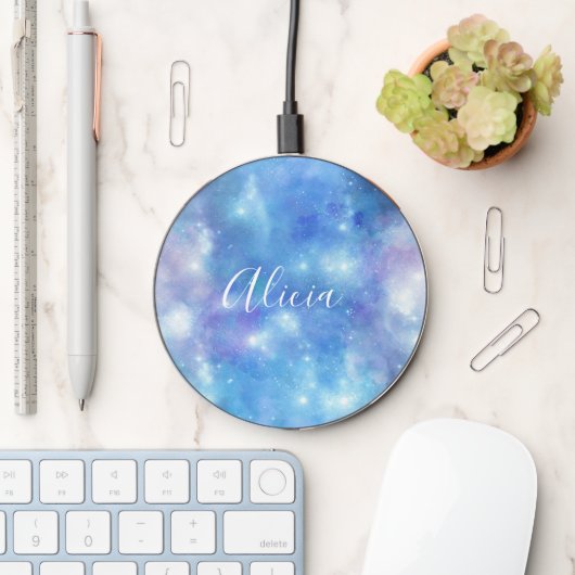 Blue Painted Galaxy Monogrammed  Wireless Charger (Desk)
