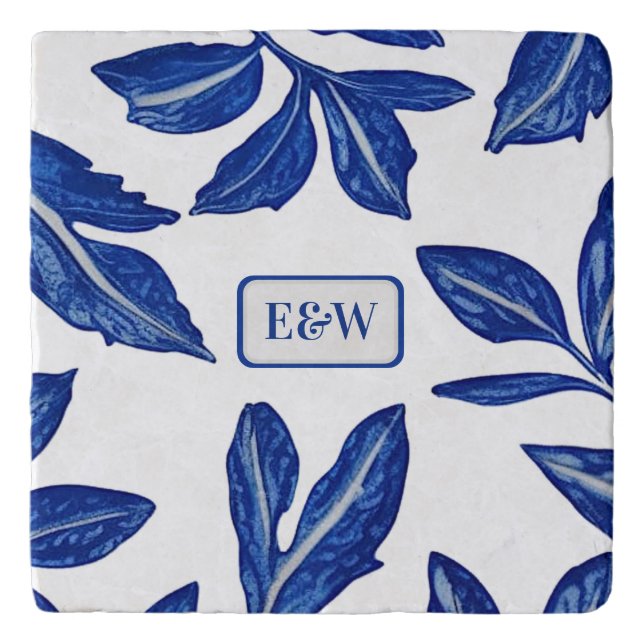 Blue Painted Leaves Romantic His and Hers Initials Trivet (Front)