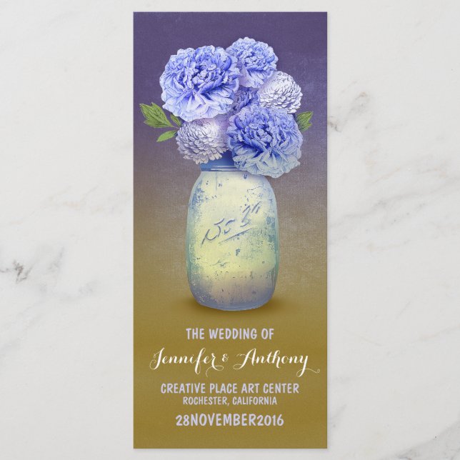 Blue painted mason jar wedding programs (Front)
