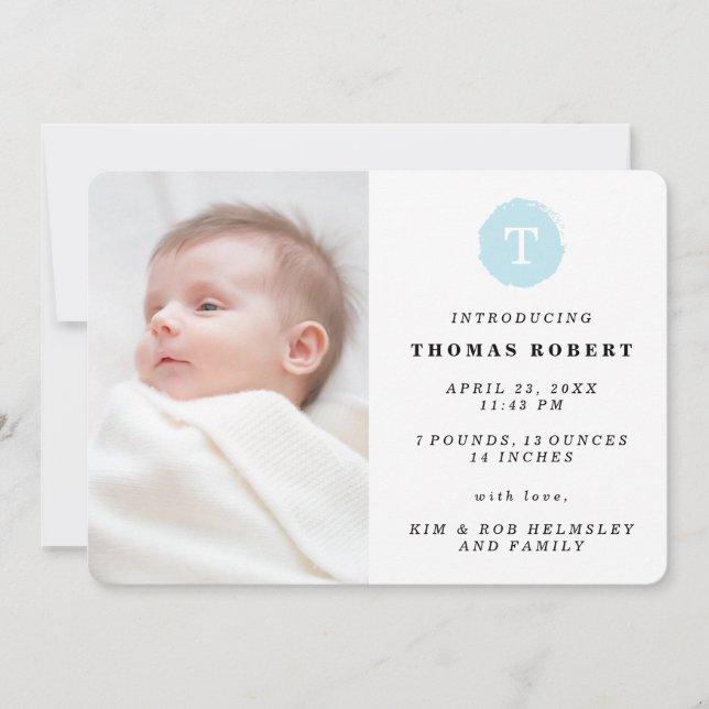 Blue Painted Monogram Photo Birth Announcement (Front)