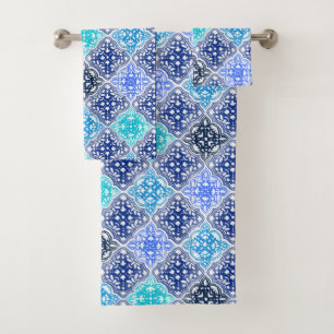 Blue Painted Moroccan Tile Pattern Bath Towel Set