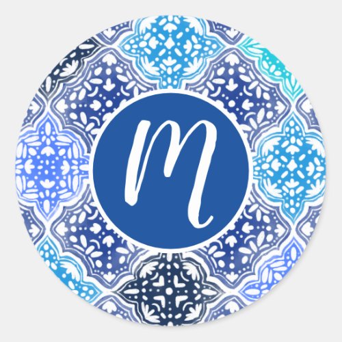 Blue Painted Moroccan Tile Pattern Classic Round Sticker