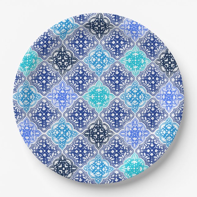 Blue Painted Moroccan Tile Pattern Paper Plates (Front)