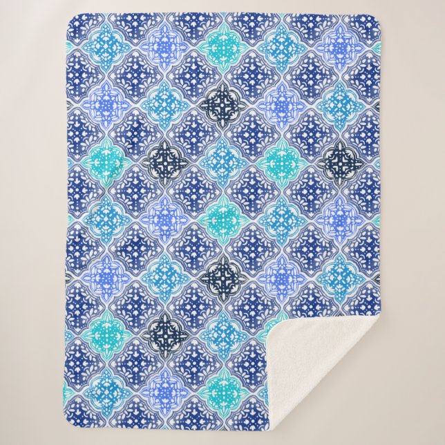 Blue Painted Moroccan Tile Pattern Sherpa Blanket (Front)