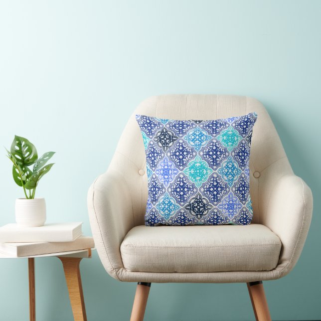 Blue Painted Moroccan Tile Pattern Throw Pillow (Chair)