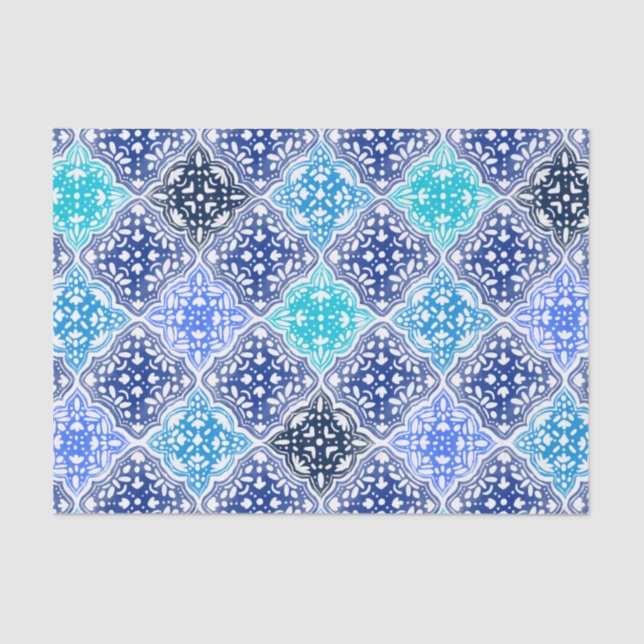 Blue Painted Moroccan Tile Pattern Tissue Paper (Front)
