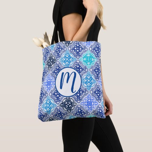 Blue Painted Moroccan Tile Pattern Tote Bag