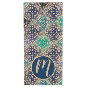 Blue Painted Moroccan Tile Pattern Wood Flash Drive