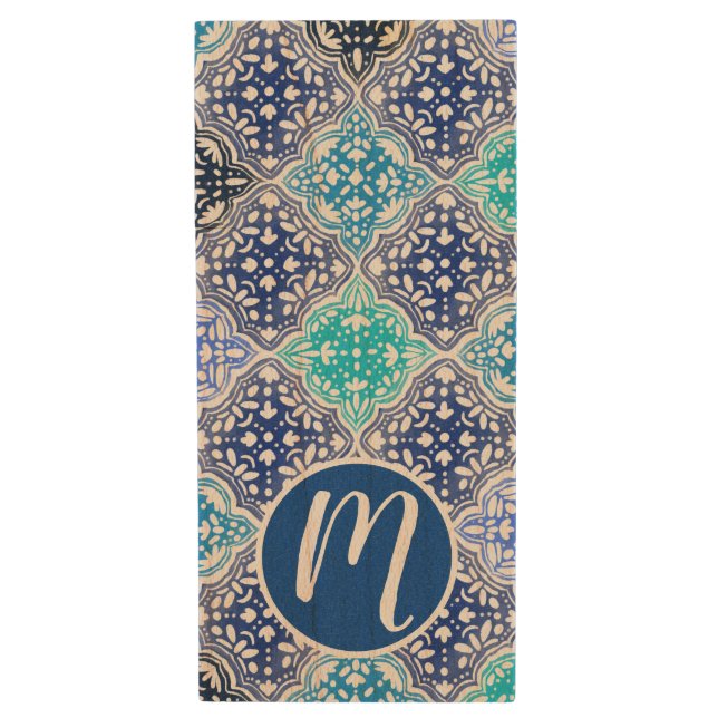 Blue Painted Moroccan Tile Pattern Wood Flash Drive (Front Vertical)