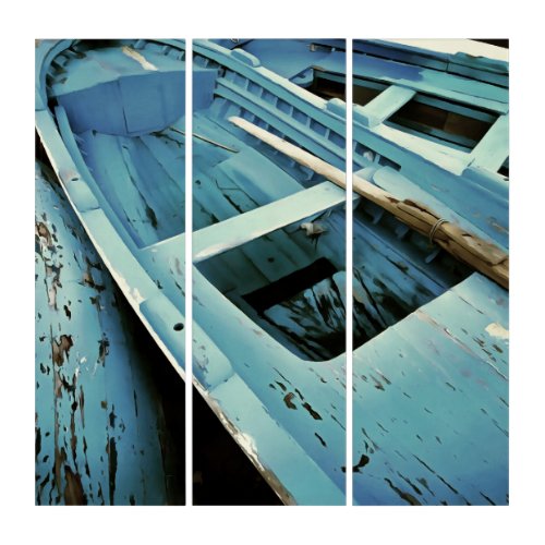 Blue Painted Rustic Wooden Fishing Boats Triptych