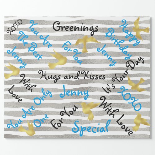 Blue Painted Silver Stripes Golden Birds Wrapping Paper