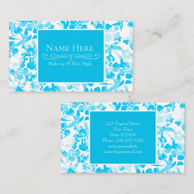 Blue painted tropical floral business card (Front/Back)