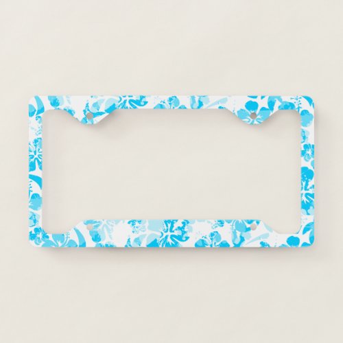 Blue painted tropical floral license plate frame