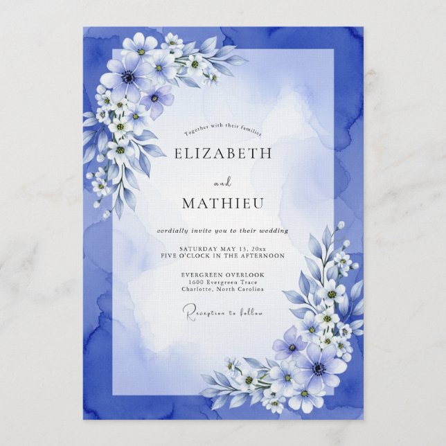 Blue Painterly Anemone Wedding Invitation (Front)