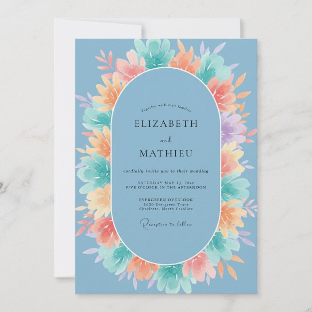 Blue Painterly Blossom Wedding Invitation (Front)