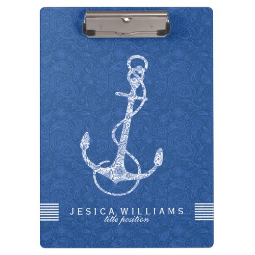 Blue Paisley And White Nautical Boat Anchor 2 Clipboard