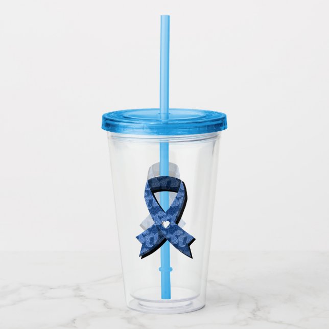 Blue Paisley Awareness Ribbon White Heart Acrylic Tumbler (Front)