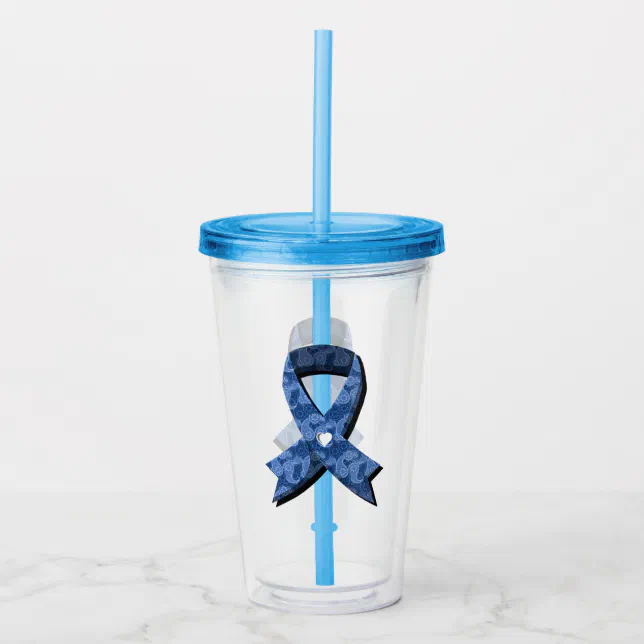 Blue Paisley Awareness Ribbon White Heart Acrylic Tumbler | Zazzle
