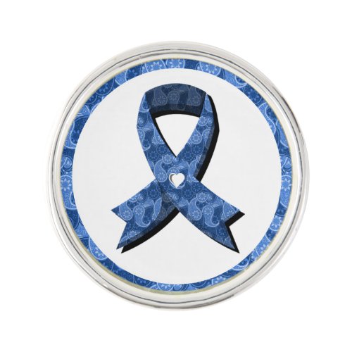 Blue Paisley Awareness Ribbon White Heart Lapel Pin
